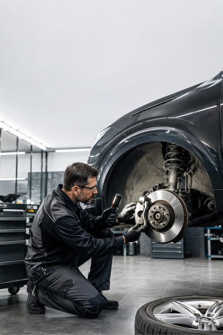 Mechanic inspecting a brake disc and caliper