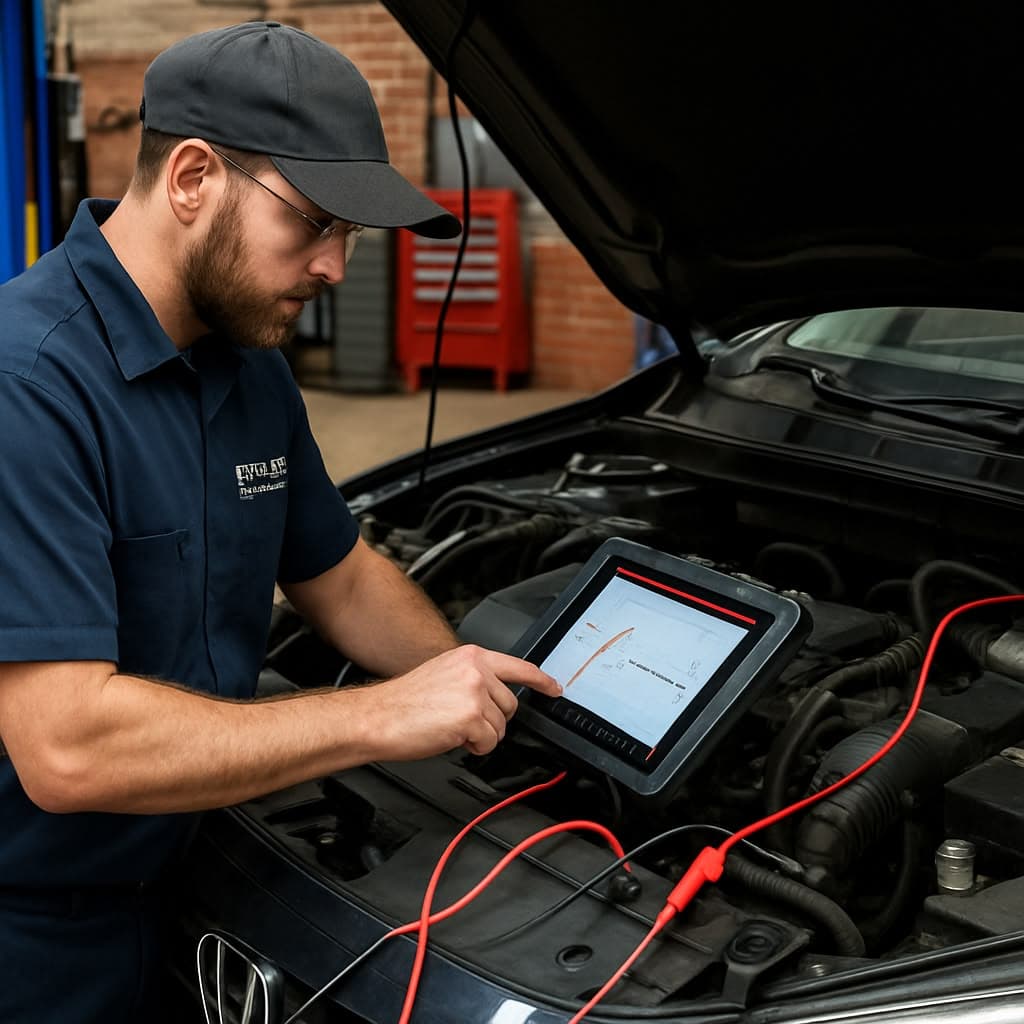 Technician reading a diagnostic scanner on an open engine