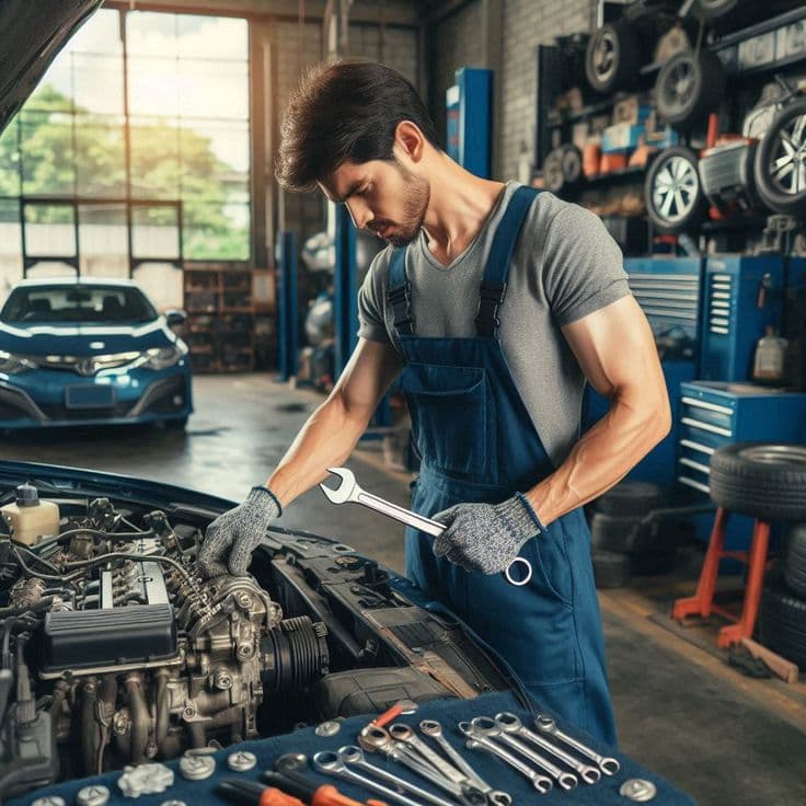 Mechanic servicing an engine in a workshop