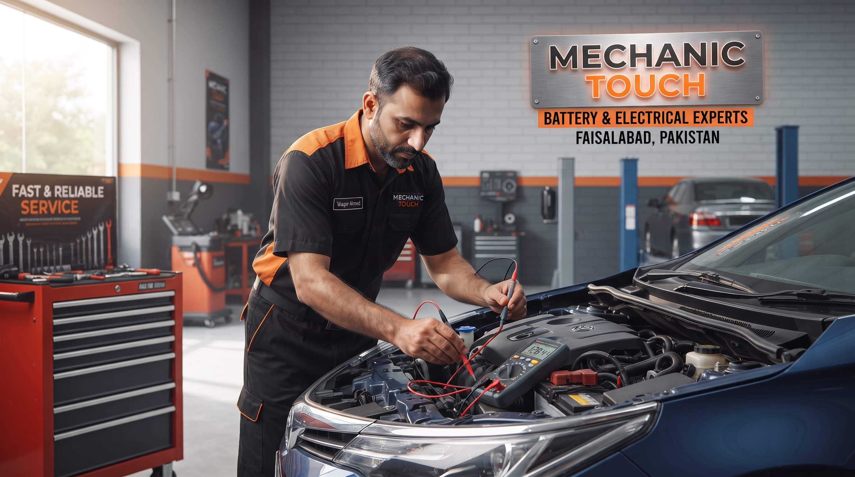 Technician testing a car battery and charging system